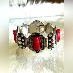 Signed Taxco Vintage 925 Sterling Silver and Carnelian Panel Bracelet FMB Mexico